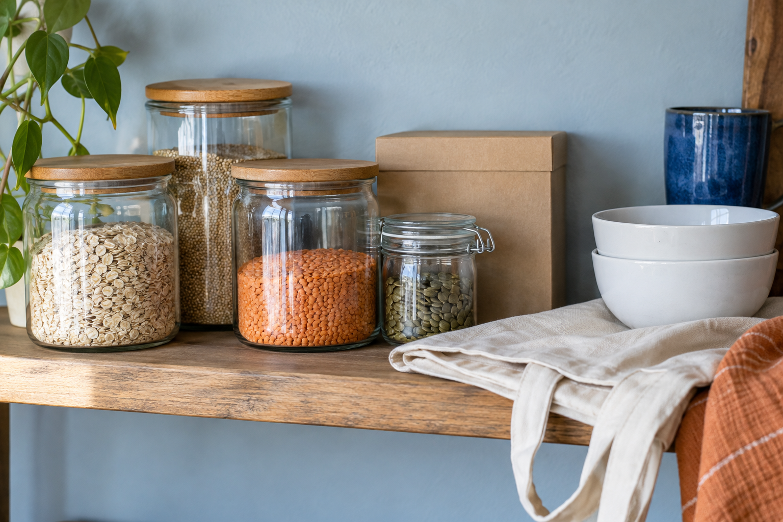 Dry-food jars, plain bowls and a cloth tote on a home shelf