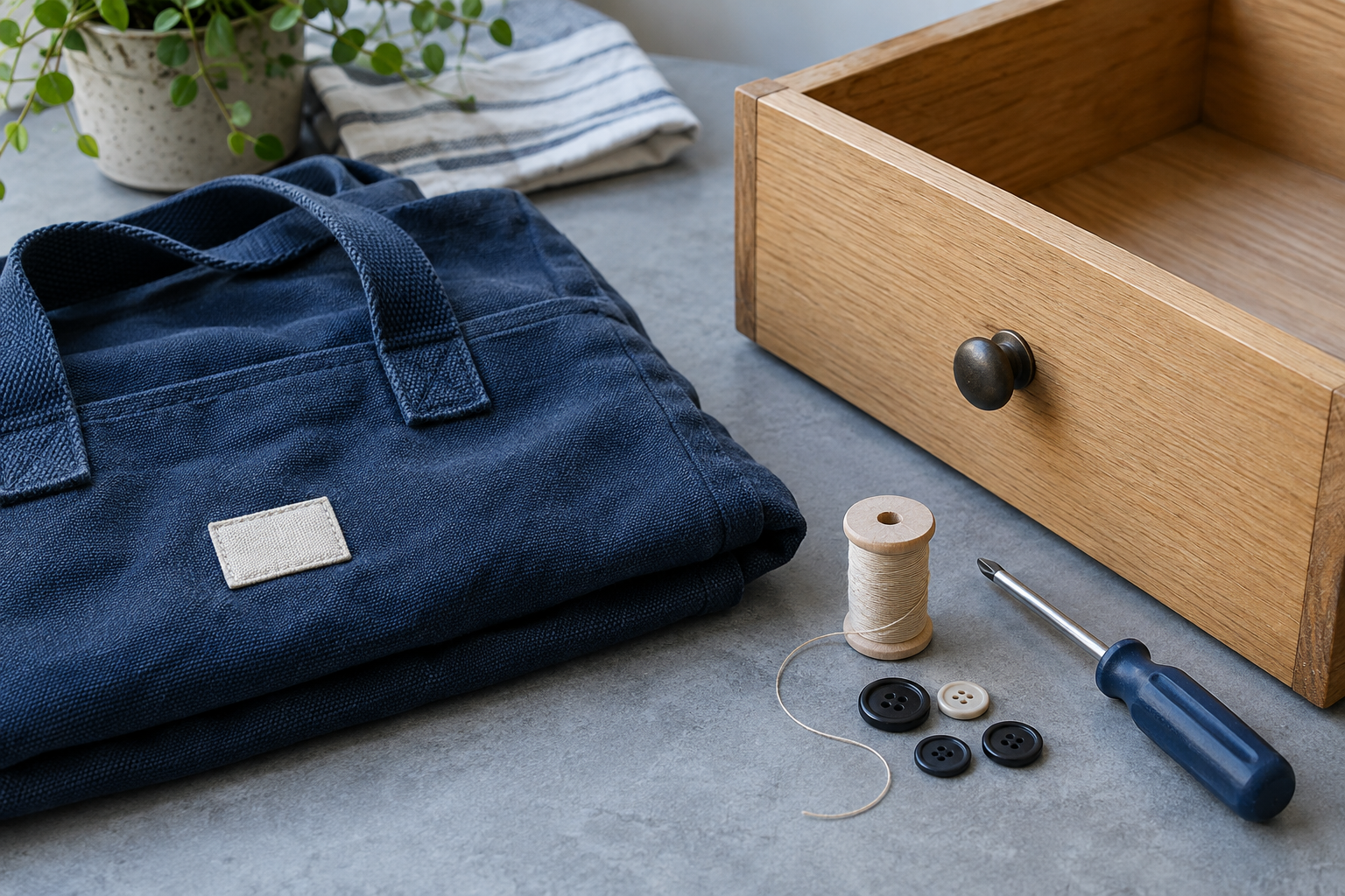 A patched canvas bag, thread, buttons and a screwdriver beside a wooden drawer
