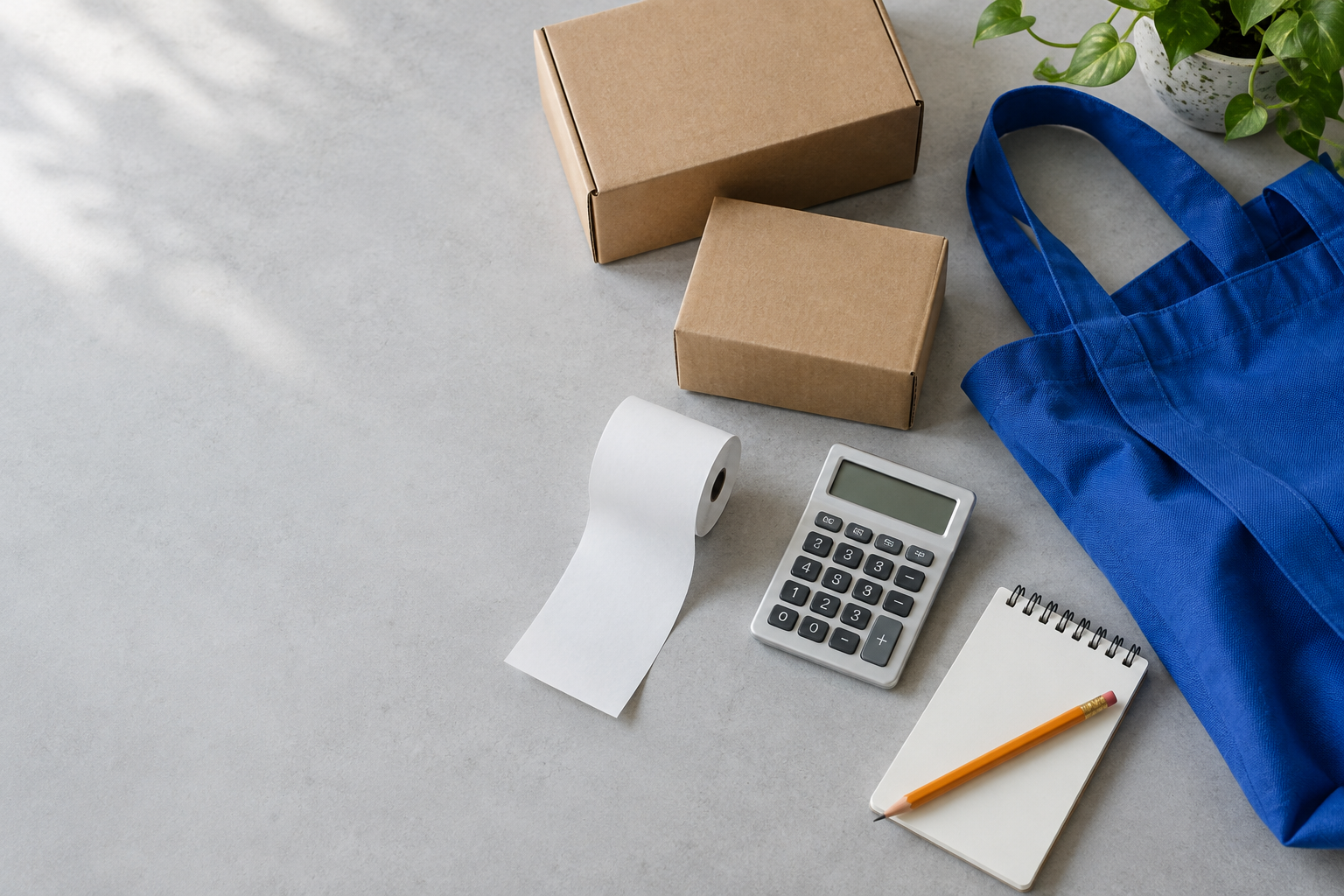 A blue shopping bag, parcels, a calculator and a notebook on a light desk